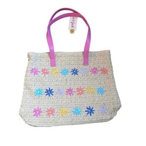 Cat & Jack Girls Straw Floral Tote Bag Pink Straps Woven Beach Bag NWT